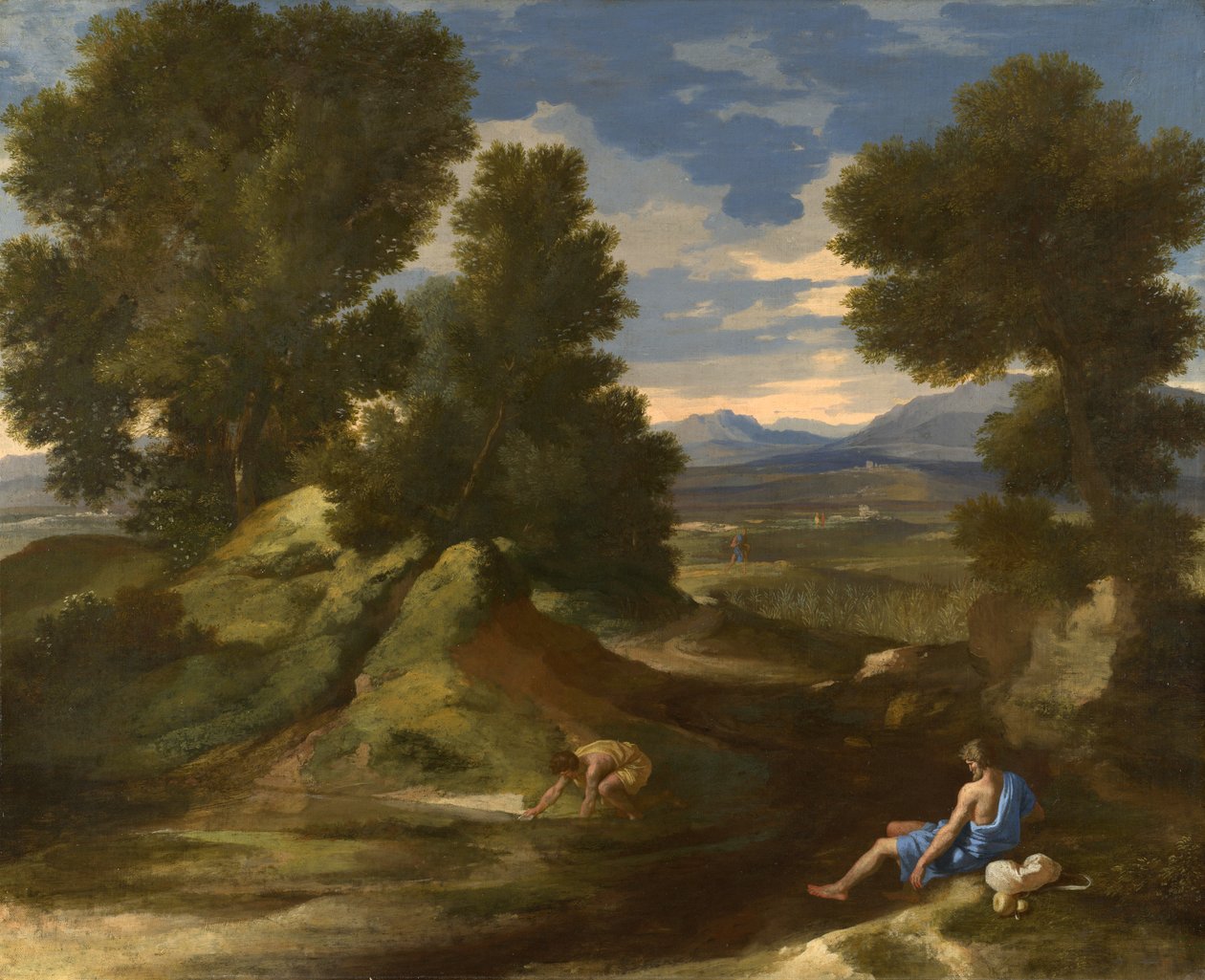 Landschap met een man die water schept uit een stroom, ca. 1637 door Nicolas Poussin