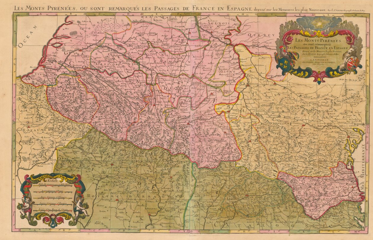Pyreneeën en internationale grens tussen Frankrijk en Spanje met de bergpassen tussen de twee landen. door Nicolas Sanson