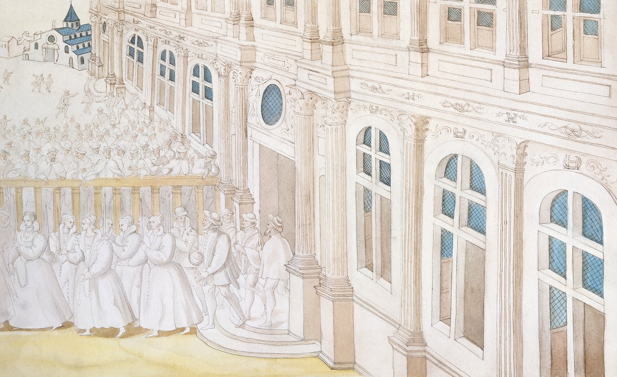 Processie van Koningin Louise de Lorraine-Vaudemont (1553-1601) Verlaat het Palais du Louvre naar het Maison de Charite, 1584 door Nicolas attr. to Houel