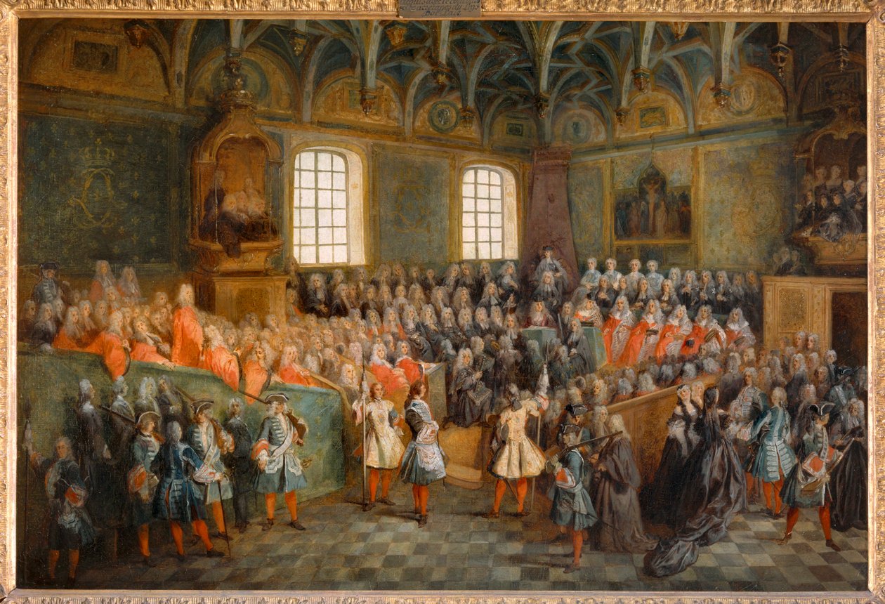 Zitting van het Hof (Lit de Justice), gehouden in het Parlement op 22 februari 1723 ... door Nicolas (attr. to) Lancret