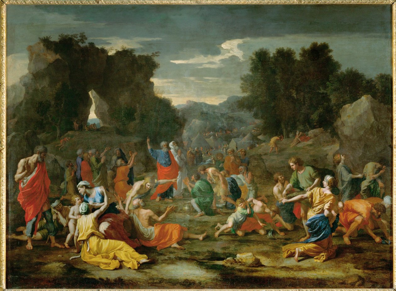 Les Israelites recuillant la manne dans le desert - de Israëlieten verzamelen manna in de woestijn ... door Nicolas (attr.to) Poussin