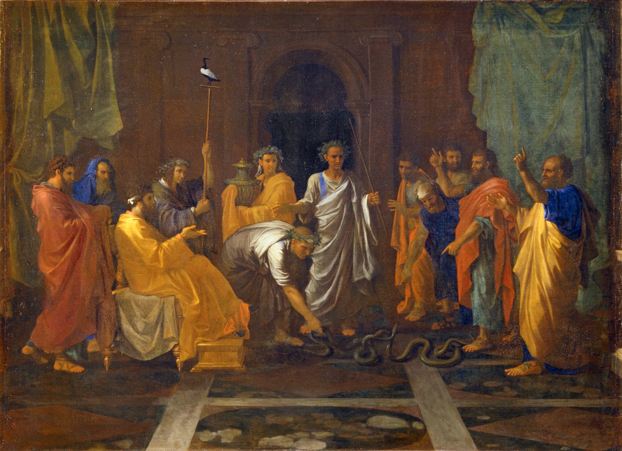 Mozes die de staf van Aäron in een slang verandert ... door Nicolas (attr.to) Poussin