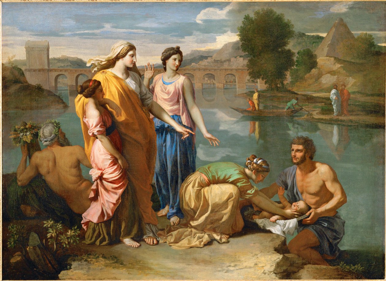 Mozes gered van de overstroming van de Nijl door de dochter van de Farao ... door Nicolas (attr.to) Poussin