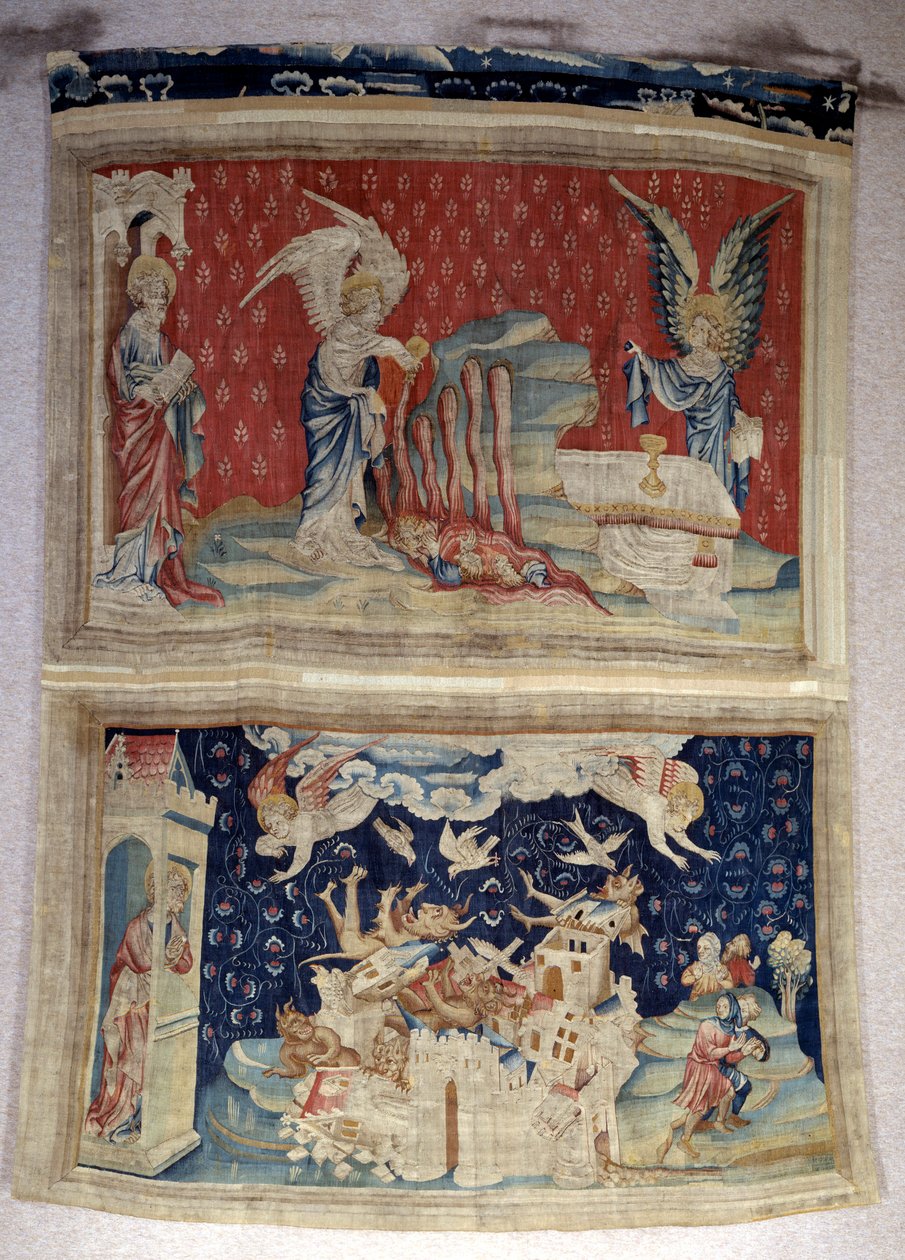Wandtapijt van de Openbaring (1373-1383), nr. 59: de tweede en derde flessen gieten over de zee en de wateren door Nicolas Bataille
