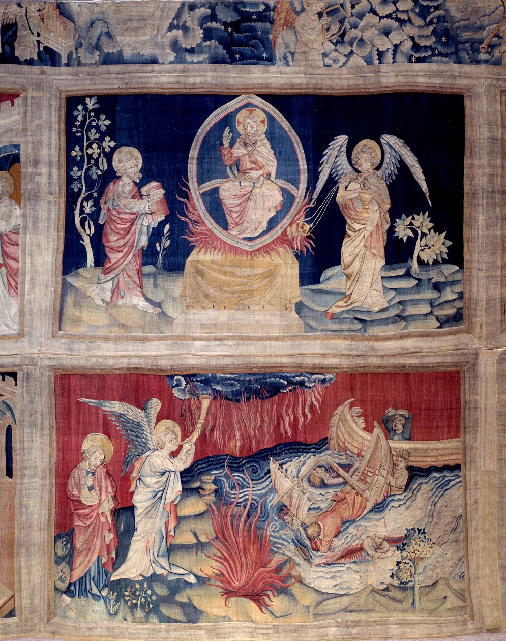 Het gordijn van de Openbaring (1373 -1383), nr. 15 en 18: God en St. Jan huilen als ze de ramp zien. Wandtapijt door Nicolas Bataille (1330-1405) door Nicolas Bataille