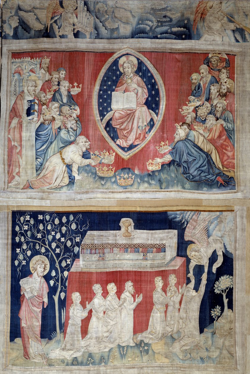 Het gordijn van de Openbaring (1373-1383), nr. 5: de oudsten buigen zich voor Christus in majesteit (Jezus Christus in glorie is afgebeeld binnen een mandorla). Nr. 11: de zielen van de martelaren. Wandtapijt door Nicolas Bataille door Nicolas Bataille