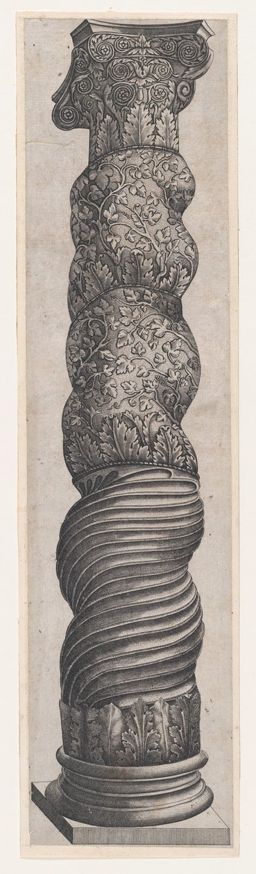 Speculum Romanae Magnificentiae: Groteske kronkelende zuil in St. Pieter, 16e eeuw door Nicolas Beatrizet