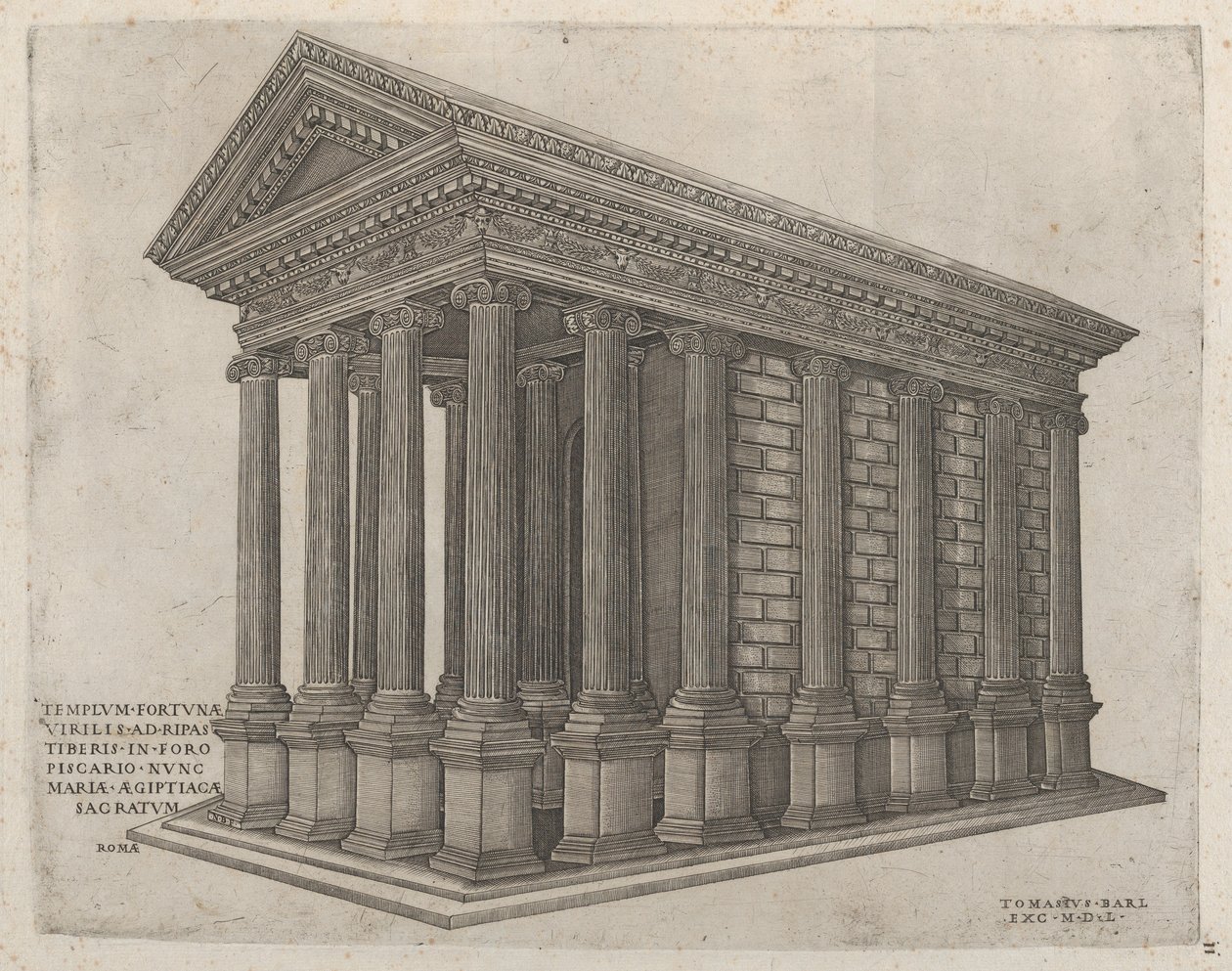 Speculum Romanae Magnificentiae: De Tempel van Fortuna in Rome, 16e eeuw door Nicolas Beatrizet