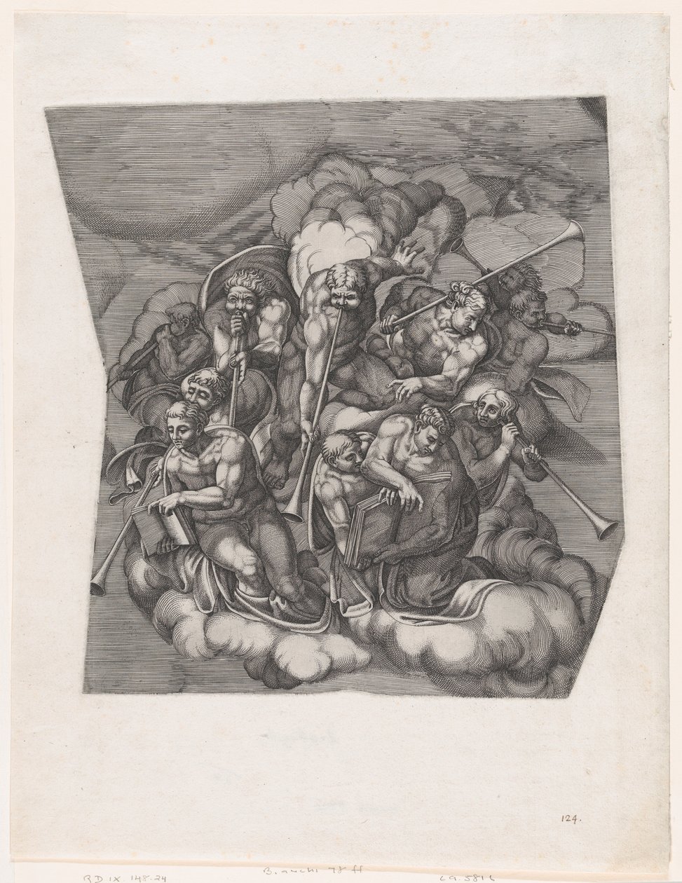 Trompetterende engelen uit Het Laatste Oordeel, naar Michelangelo, 1530-66 door Nicolas Beatrizet