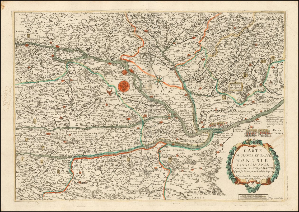 1663 kaart van Opper- en Neder-Hongarije, Transilvanië, Slovenië, Kroatië en Dalmatië, uitgegeven door Nicolas Berey door Nicolas Berey