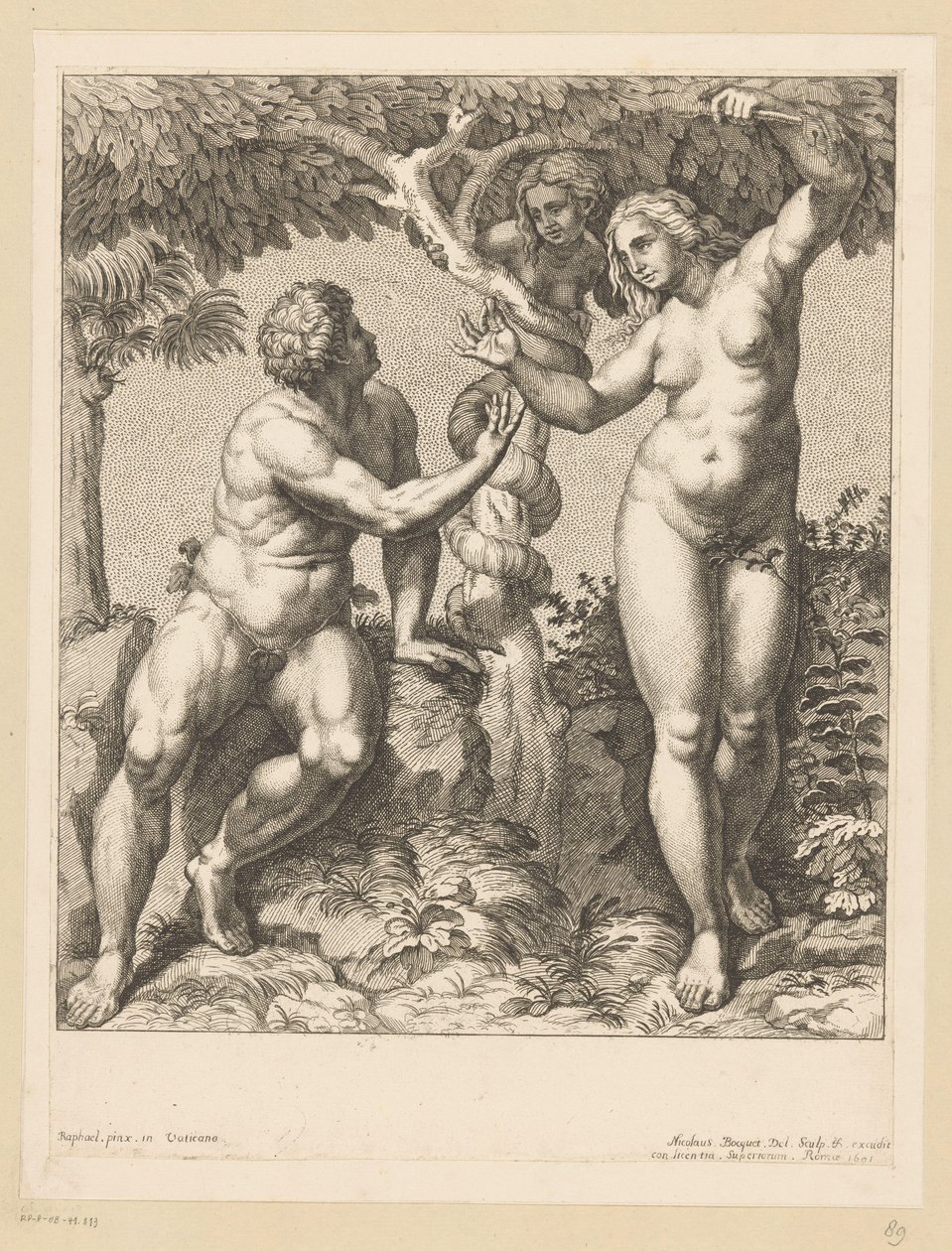Adam en Eva verleid door de slang door Nicolas Bocquet