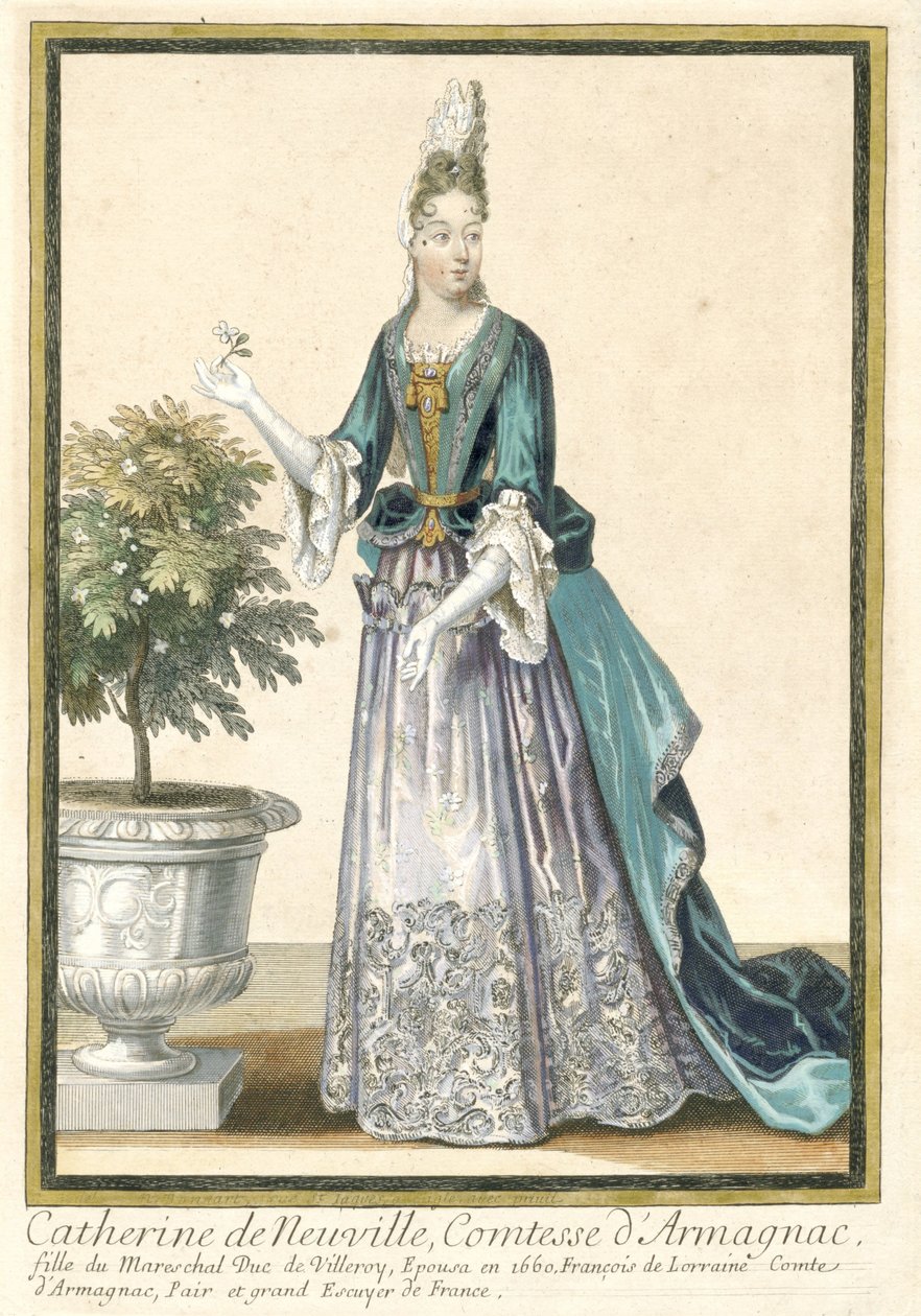 Portret van Catherine de Neuville, gravin van Armagnac, gekleed volgens de Franse mode ca. 1685 door Nicolas Bonnart (fils)