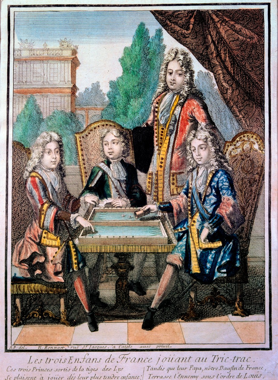De kleinkinderen van Lodewijk XIV, spelend tric trac met hun vader door Nicolas Bonnart