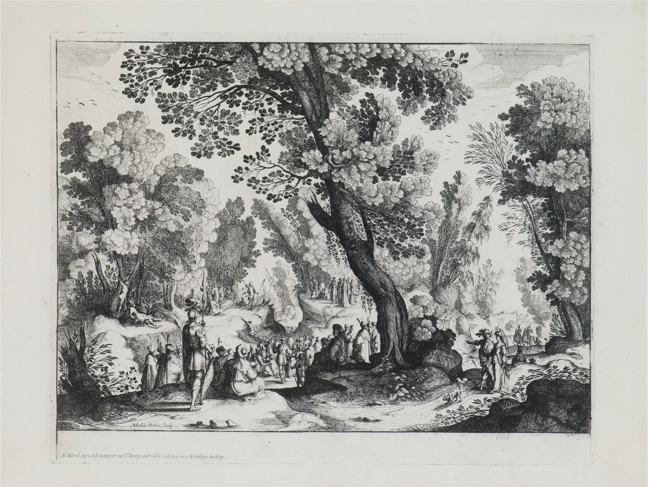 Een Bosrijk Landschap met de Preek van St. Johannes de Doper door Nicolas Cochin