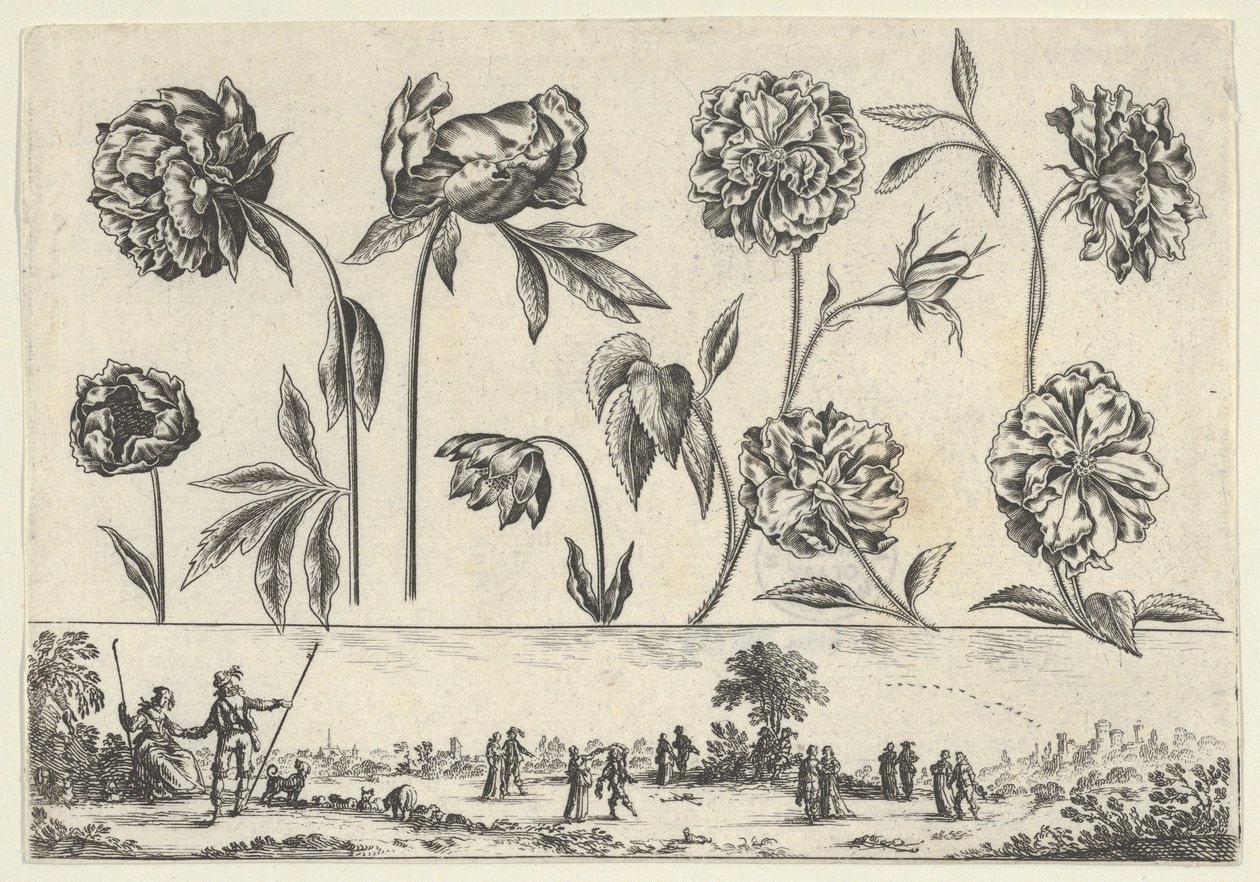 Horizontaal paneel met een rij bloemen boven een fries met figuren in een landschap, 1645 door Nicolas Cochin