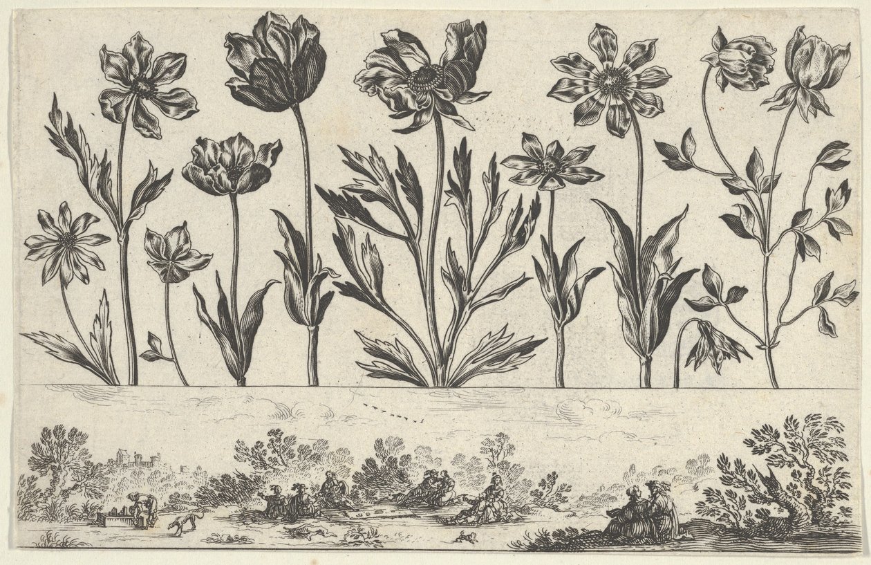 Horizontaal paneel met een rij bloemen boven een fries met figuren in een landschap, 1645 door Nicolas Cochin