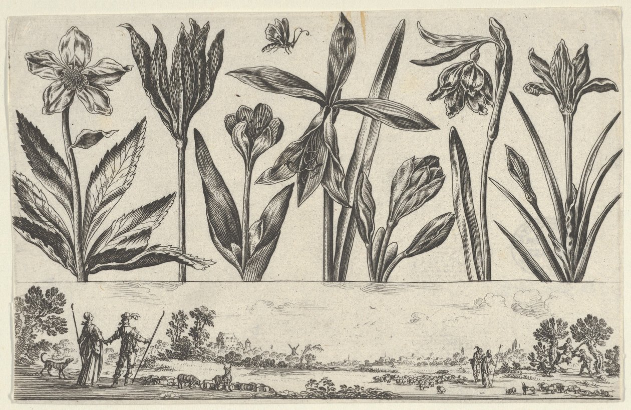 Horizontaal paneel met een rij bloemen boven een fries met figuren in een landschap door Nicolas Cochin