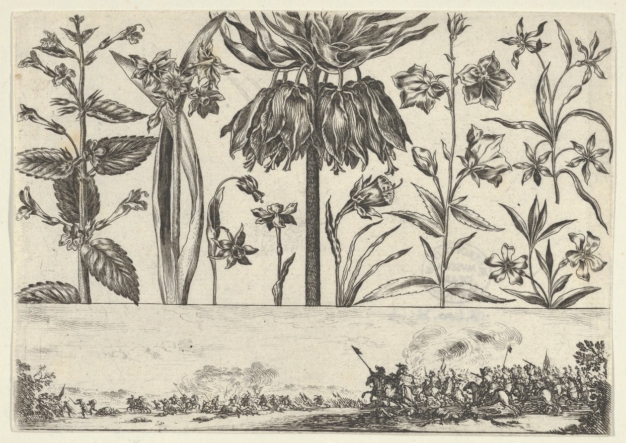 Horizontaal paneel met een rij bloemen boven een fries met een gevechtsscène in een landschap door Nicolas Cochin