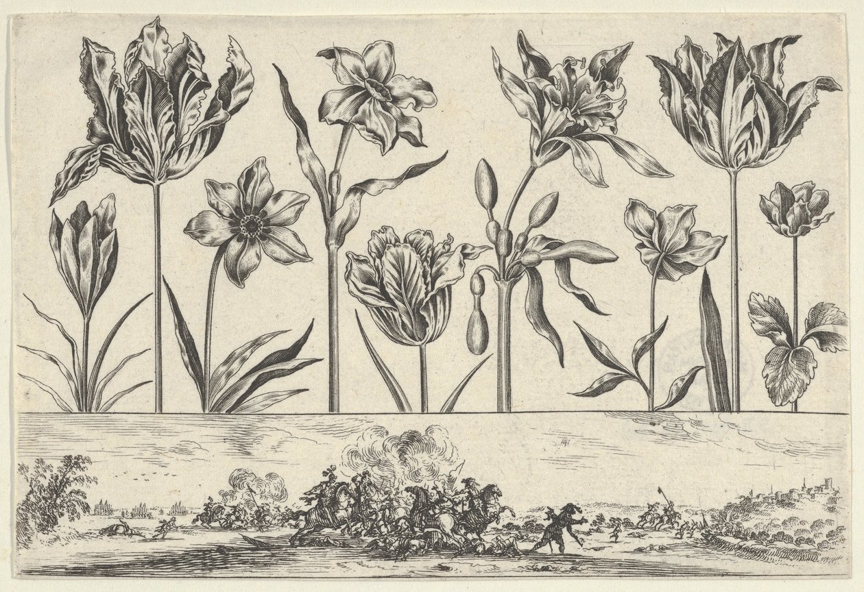 Horizontaal paneel met een rij bloemen boven een fries met een gevechtsscène in een landschap door Nicolas Cochin