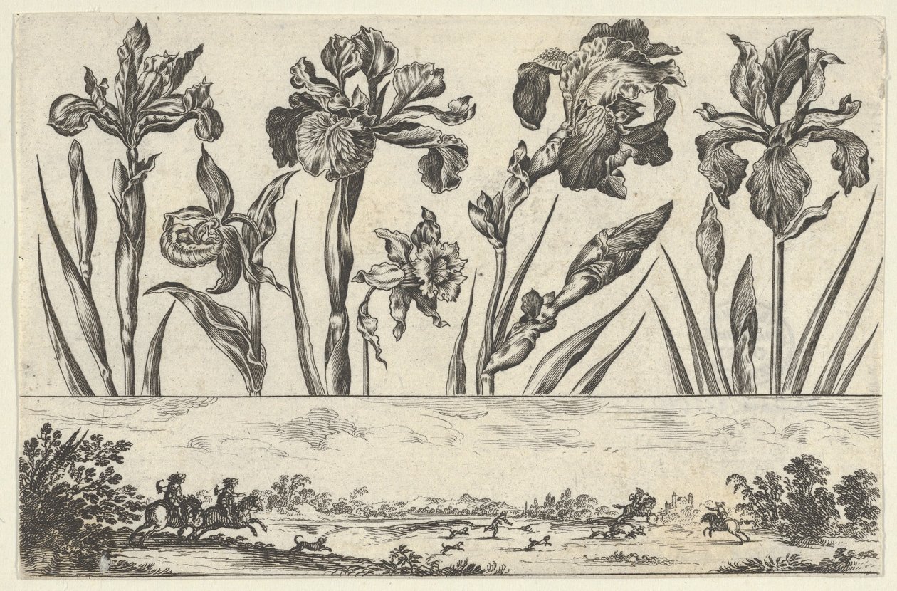 Horizontaal Paneel met een Rij Bloemen Boven een Fries met een Jachtscène in een Landschap door Nicolas Cochin