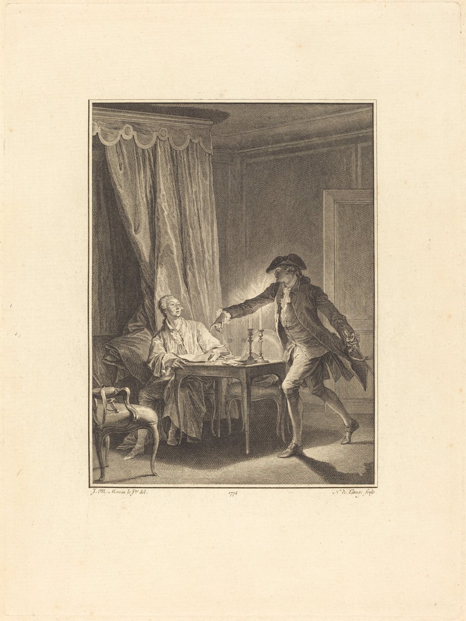 Ah! Jonge man bij je weldoener door Nicolas Delaunay after Jean Michel Moreau