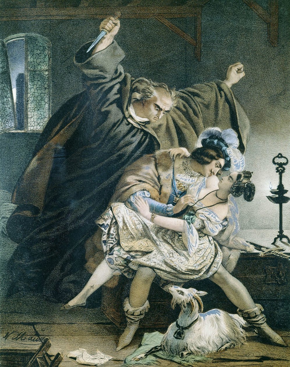 Esmeralda, Phoebus en Claude Frollo (Notre Dame de Paris) door Victor Hugo. Illustratie door Nicolas Eustache Maurin 1799-1850 Privécollectie. door Nicolas Eustache Maurin