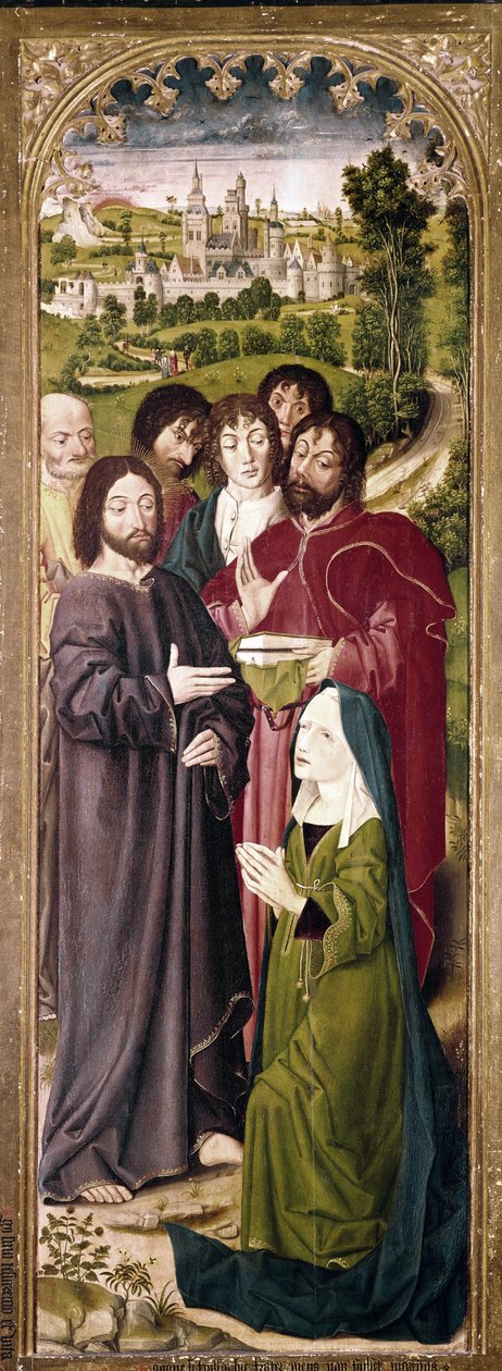 De opstanding van Lazarus: Martha voor Christus (detail van het linker paneel) door Nicolas Froment