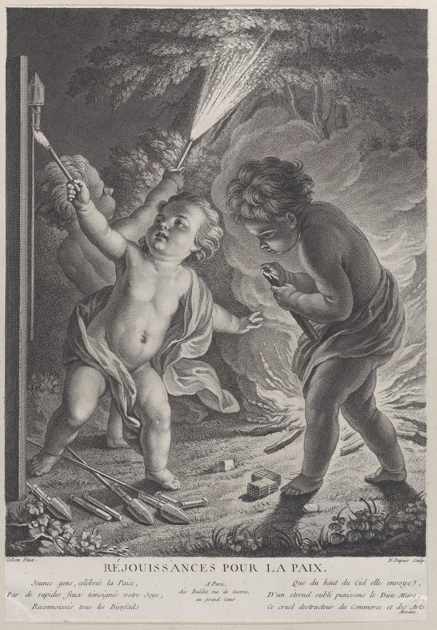 Vieren van de vrede, drie putti met vuurwerk, 1745-71 door Nicolas Gabriel Dupuis