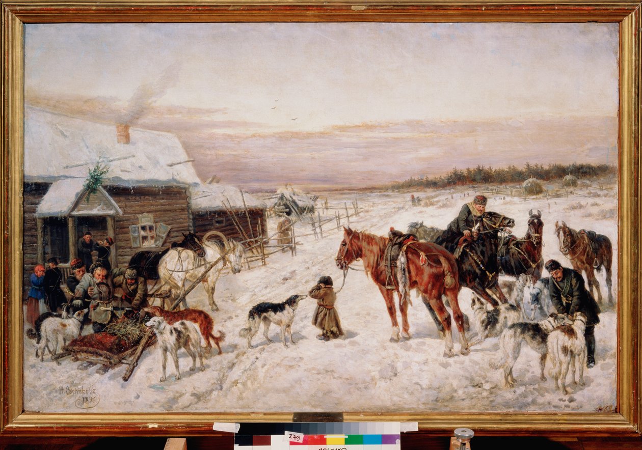Voor een herberg in de winter. door Nicolas Gregorovitch Svertschkoff