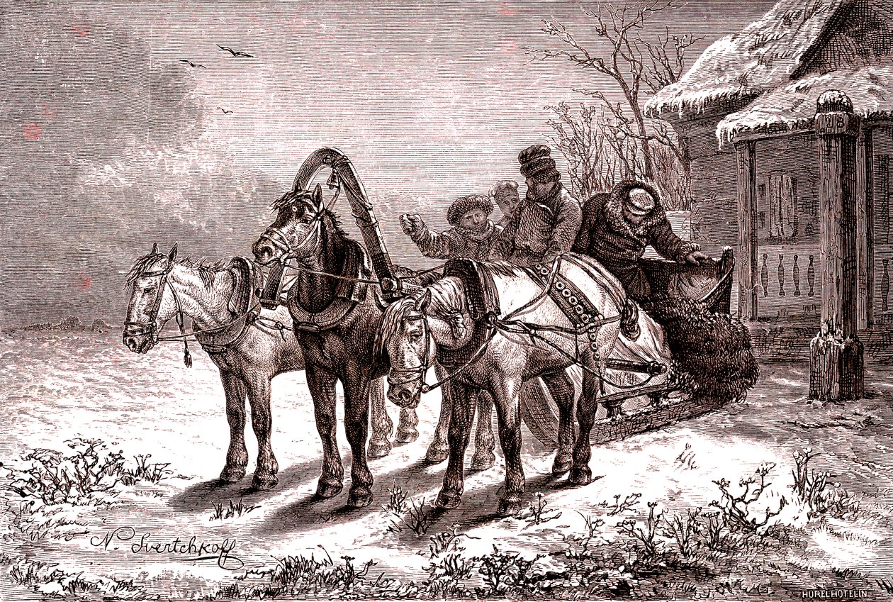 Rusland. Relaisstation in 1865. Posthuis. 1865 (gravure) door Nicolas Gregorovitch Svertschkoff
