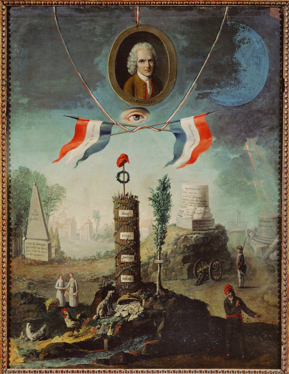 Allegorie op de Franse Revolutie met een portret van Jean-Jacques Rousseau en een jakobijnse Frygische muts ... door Nicolas Henri Jeaurat de Bertry