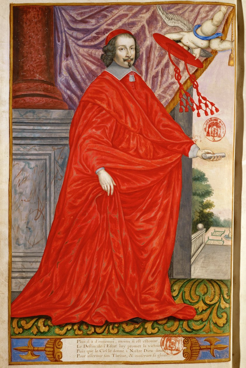 Mazarin, Jules, kardinaal Uit de Panegyrique illustre des Hommes celebres de notre Siecle Miniatuur op perkament MS 2213 ... (miniatuur op perkament) door Nicolas Jarry