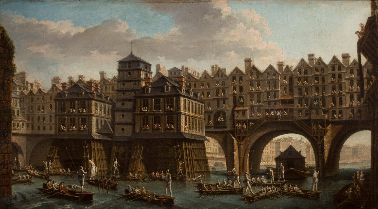 Zeelieden die steekspelen, tussen de Pont Notre Dame en de Pont-Au-Change, Parijs, 1756 door Nicolas Jean Baptiste Raguenet