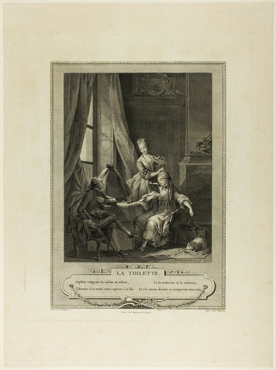 La Toilette, uit Monument du Costume Physique et Moral de la fin du Dix-huitième siècle door Nicolas Joseph Voyez