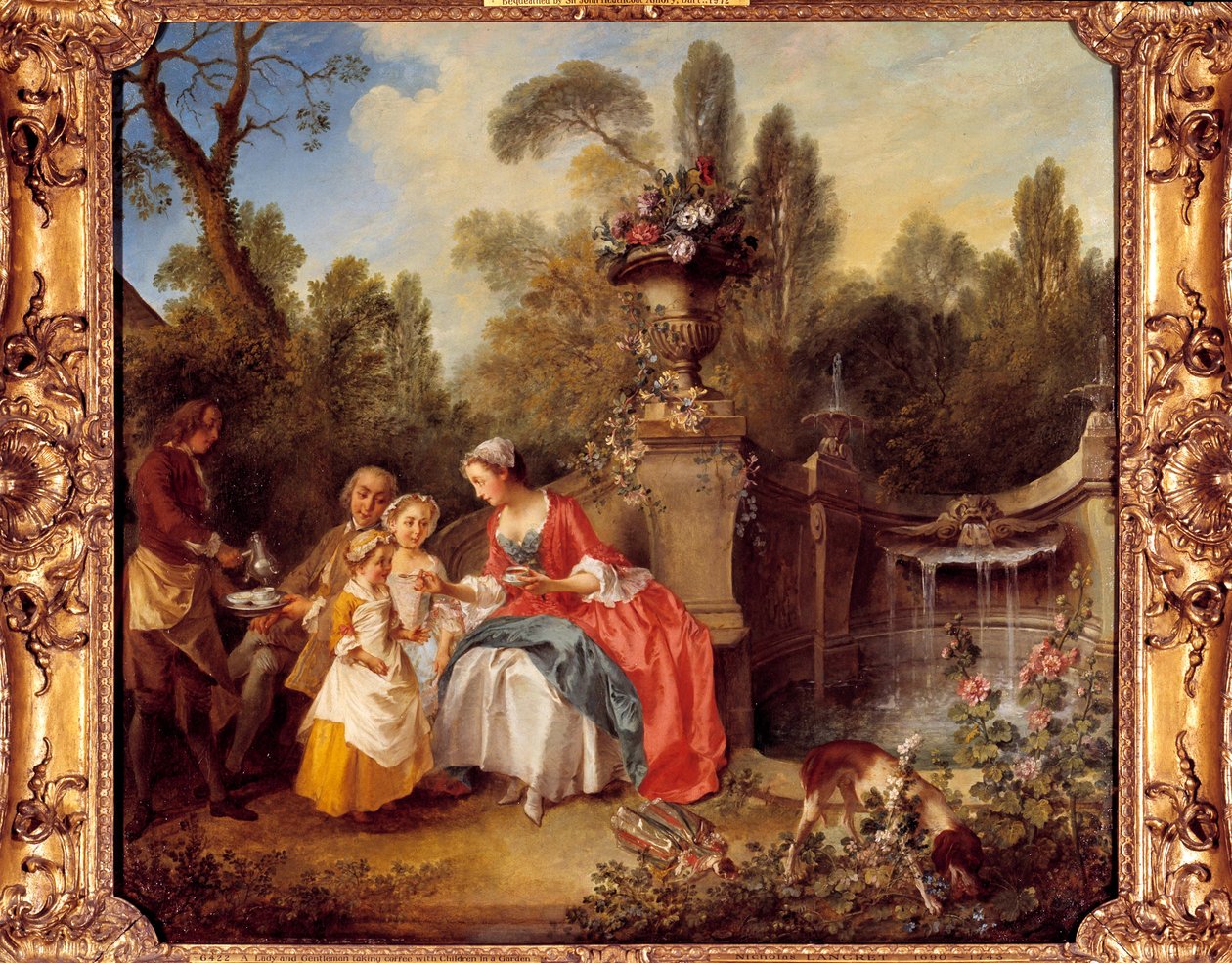 Een vrouw in een tuin drinkt koffie met kinderen of een kopje chocolade door Nicolas Lancret