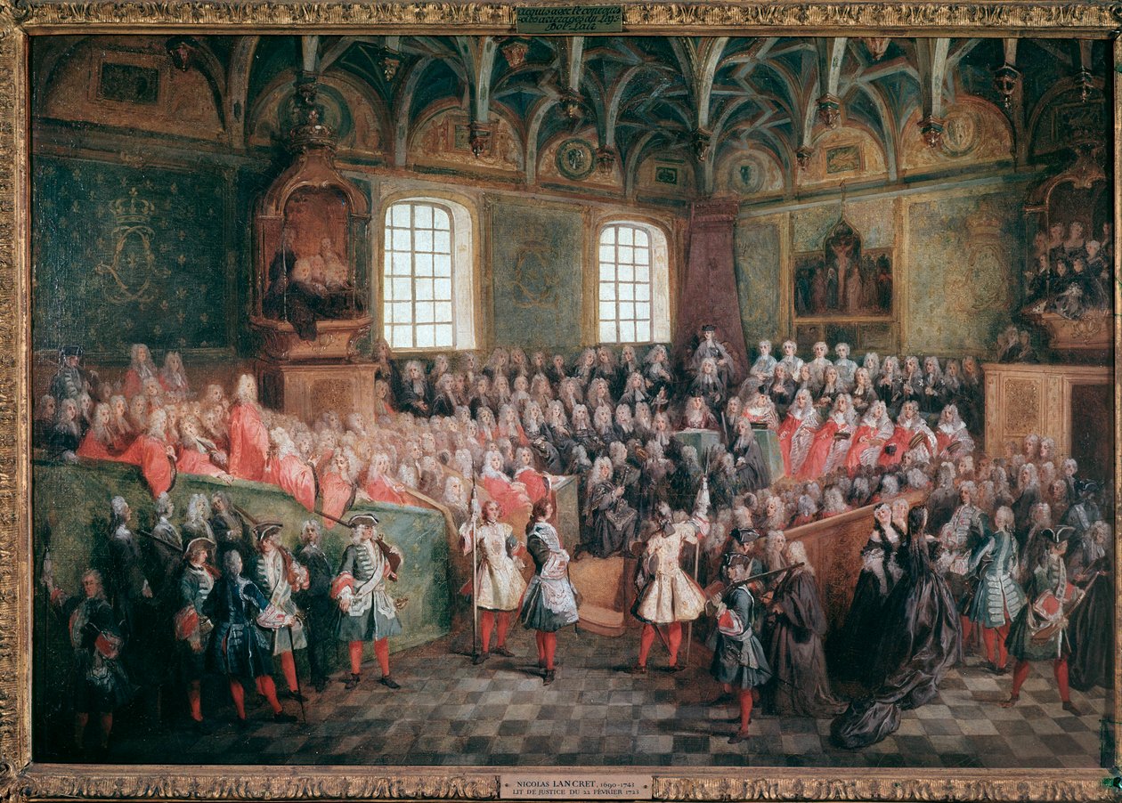 Bed van gerechtigheid gehouden door de meerderheid van koning Lodewijk XV in de Grote Kamer van het Parlement van Parijs op 22 februari door Nicolas Lancret