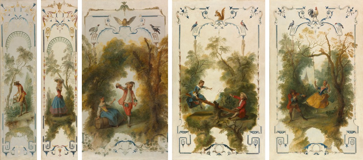 Muurpanelen: De Tuinman, Tuinbouw, De Wijngaard, De Wip, De Schommel door Nicolas Lancret