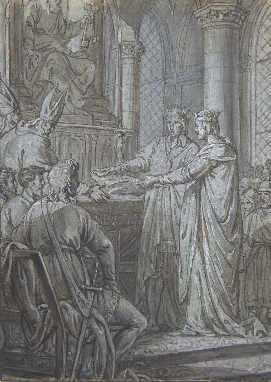 Louis III en Carloman geven de bisschoppen van het koninkrijk de verzekering van hun trouw in 882, ca. 1791 door Nicolas Lejeune