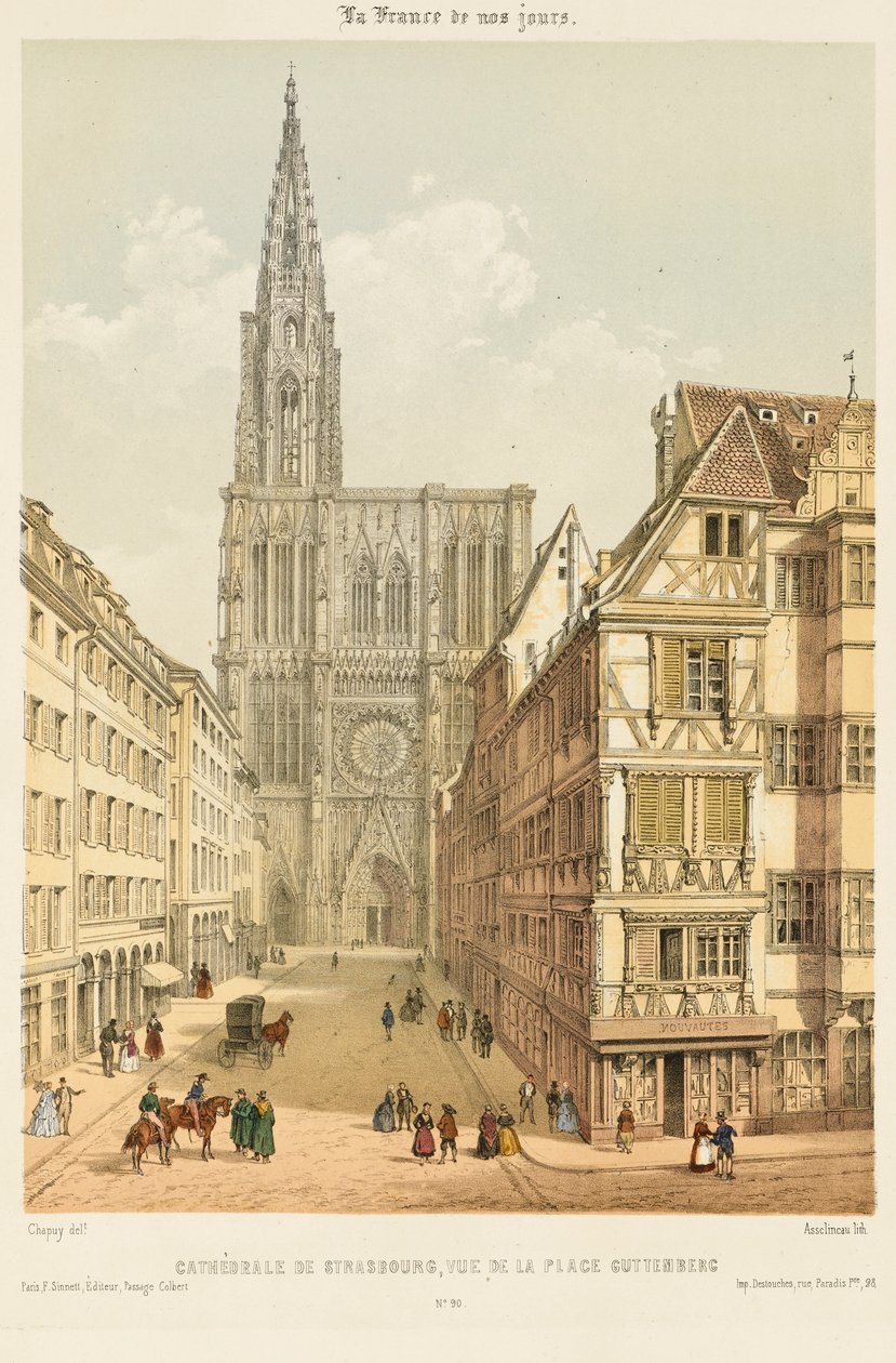 De Rue Mercière en westelijke voorgevel van de kathedraal van Straatsburg door Nicolas Marie Joseph (after) Chapuy