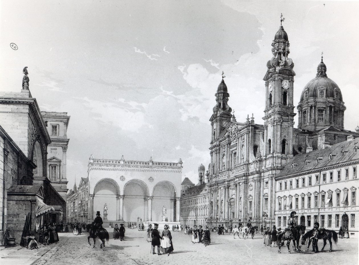 Koninklijk Paleis, Hal van Maarschalken en Kerk van de Theatijnen in München, eerste helft negentiende eeuw door Nicolas Marie Joseph Chapuy