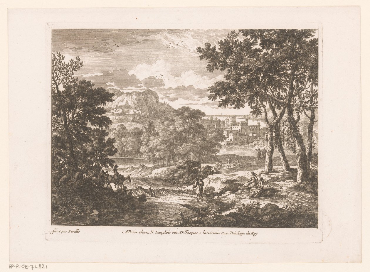 Berglandschap met figuren bij rivier door Nicolas Perelle