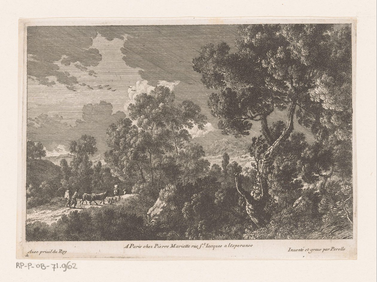 Boslandschap met herders met kudde door Nicolas Perelle