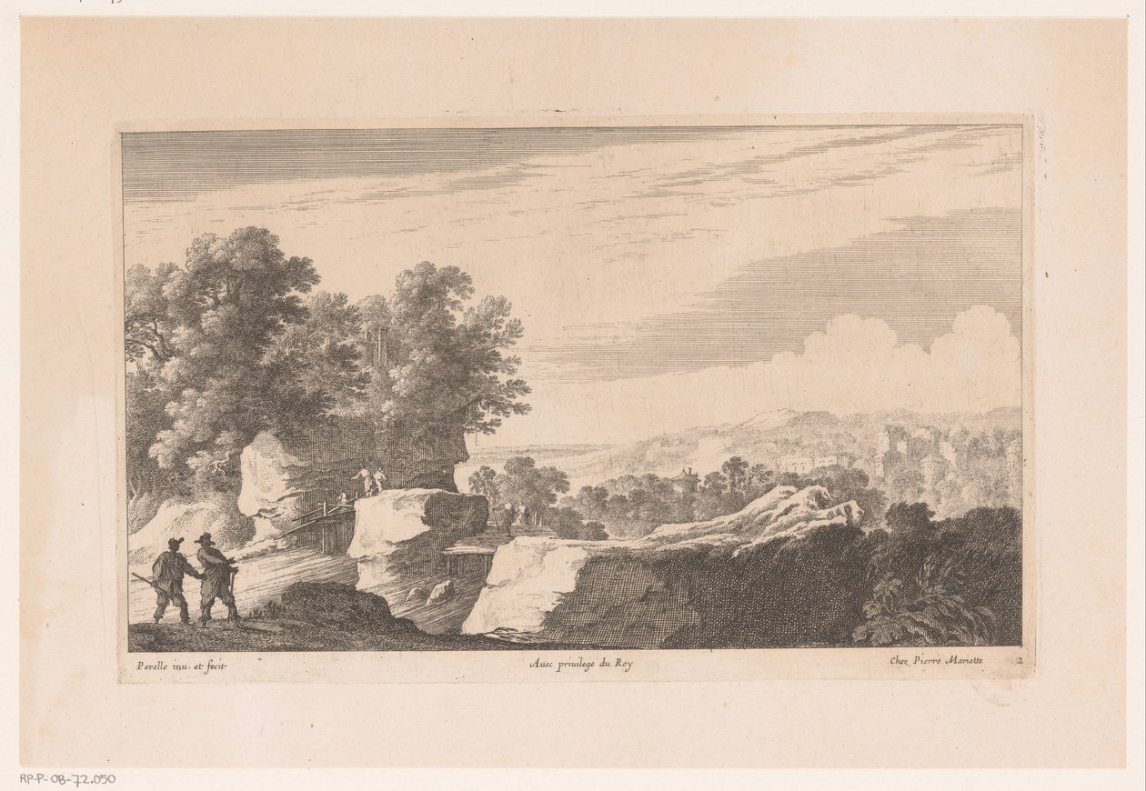 Landschap met brug over snelstromende rivier door Nicolas Perelle