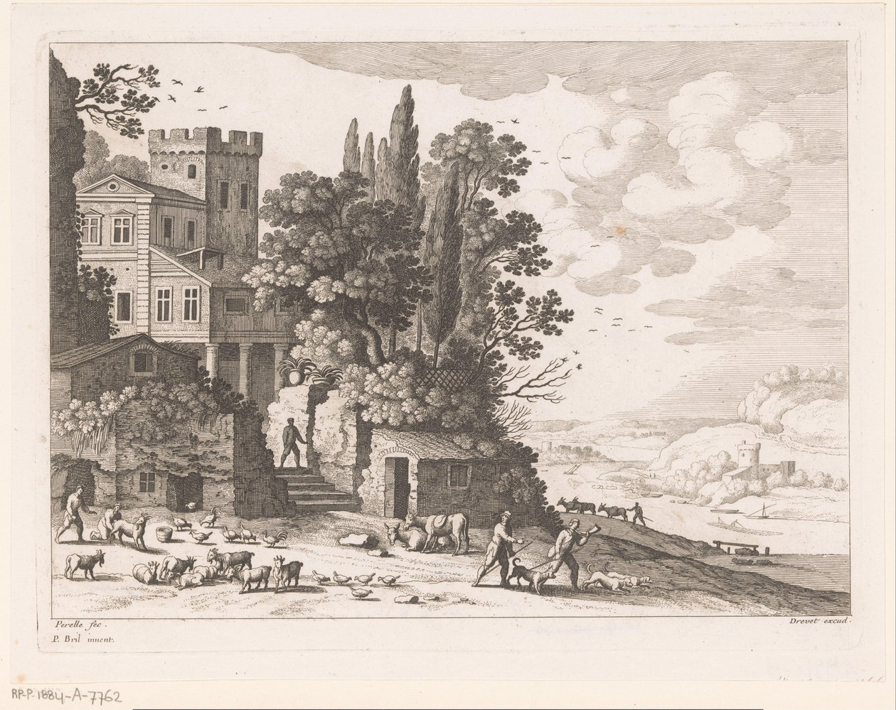 Landschap met huis, figuren en vee door Nicolas Perelle