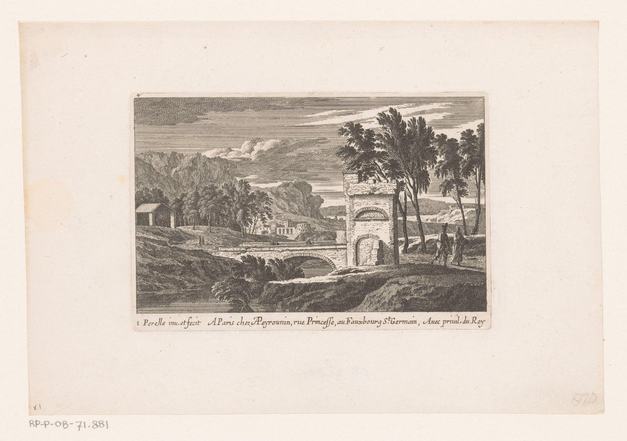 Landschap met wandelaars bij stenen brug door Nicolas Perelle