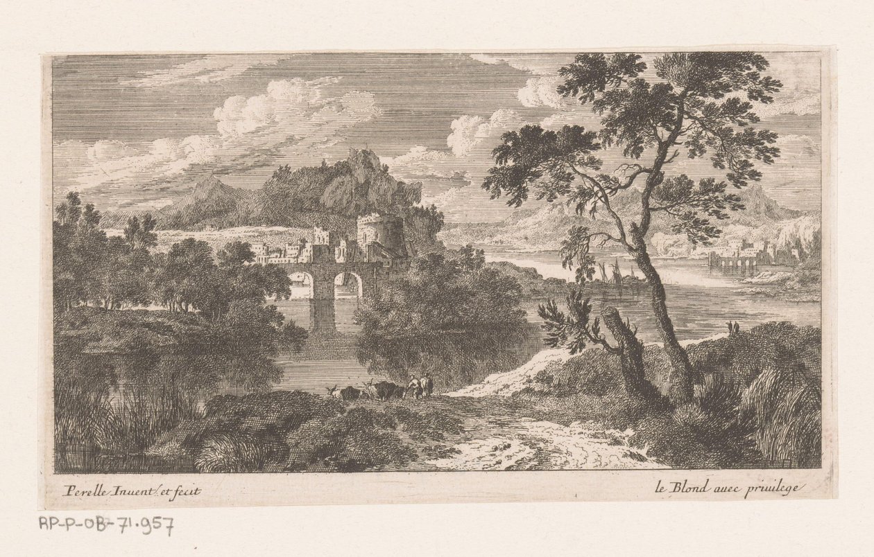 Rivierlandschap met brug met twee bogen door Nicolas Perelle