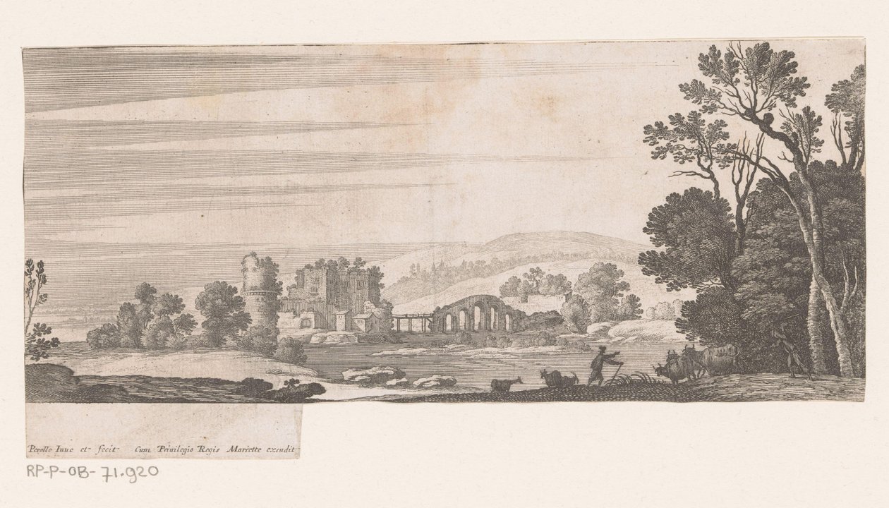 Rivierlandschap met brug met vijf bogen door Nicolas Perelle