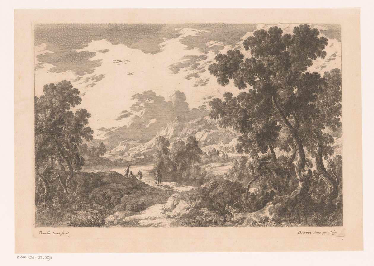 Rivierlandschap met vier figuren door Nicolas Perelle