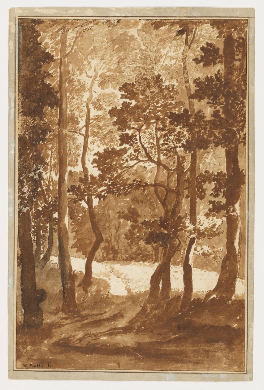 Ein Pfad, der in eine Waldlichtung führt door Nicolas Poussin