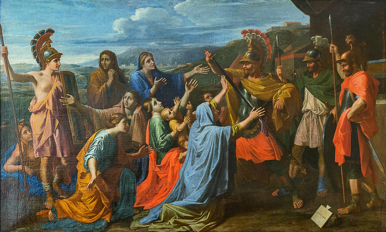 Coriolanus overgehaald door zijn Familie om Rome te sparen Veturia aan de Voeten van Coriolanus door Nicolas Poussin